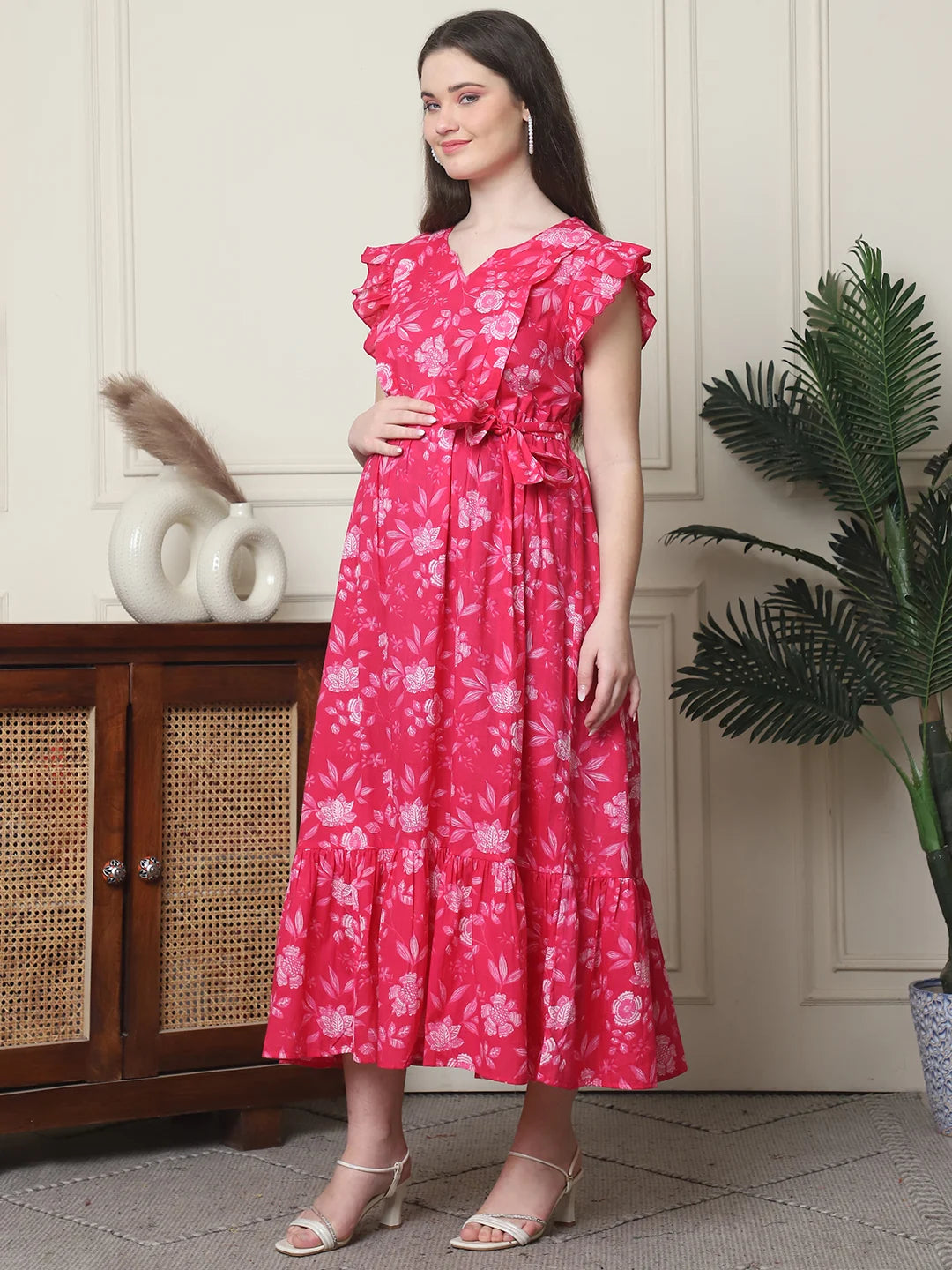 Frempy Women Fit and Flare Pink Floral Printed Maxi/Full Length Dress