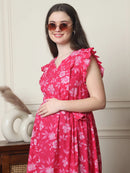 Frempy Women Fit and Flare Pink Floral Printed Maxi/Full Length Dress