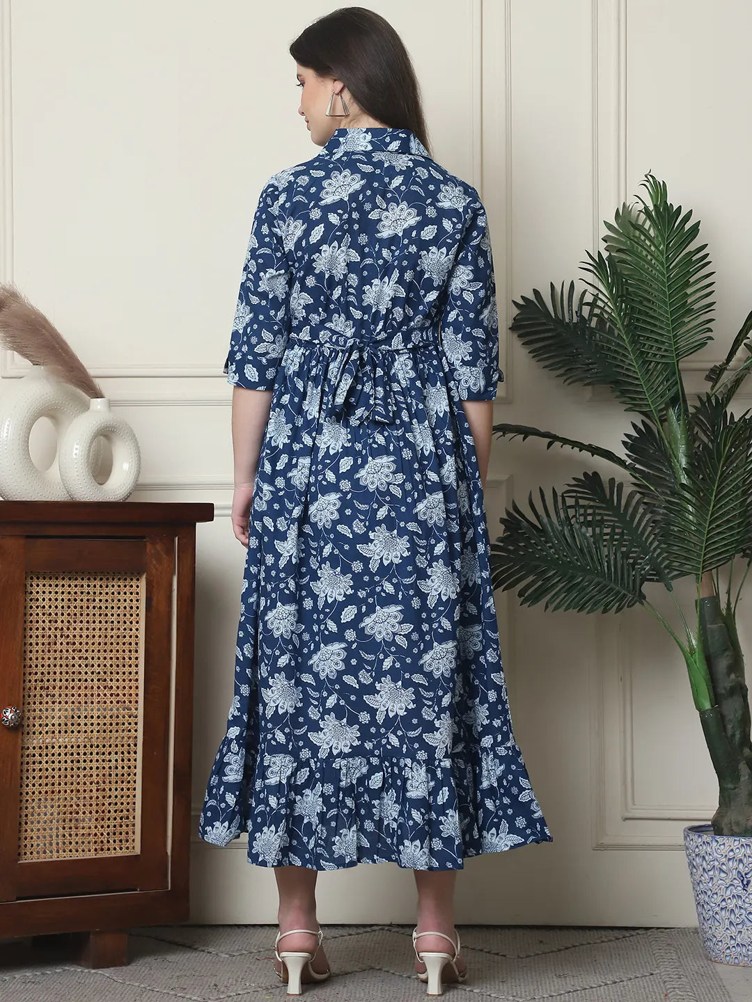 Frempy Women Fit and Flare Blue Floral Printed Maxi/Full Length Dress