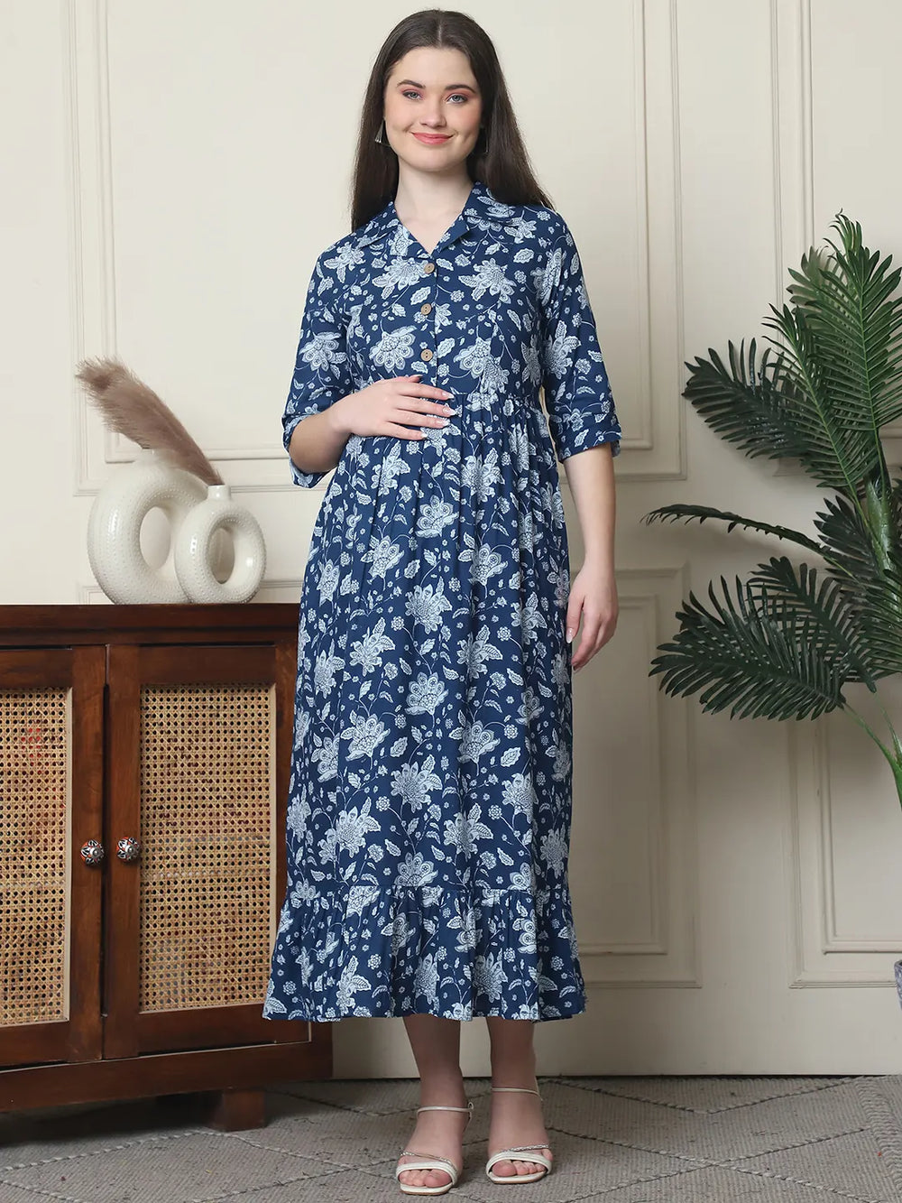 Frempy Women Fit and Flare Blue Floral Printed Maxi/Full Length Dress