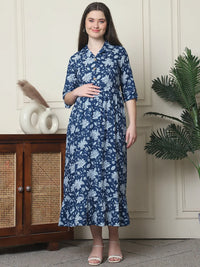 Frempy Women Fit and Flare Blue Floral Printed Maxi/Full Length Dress