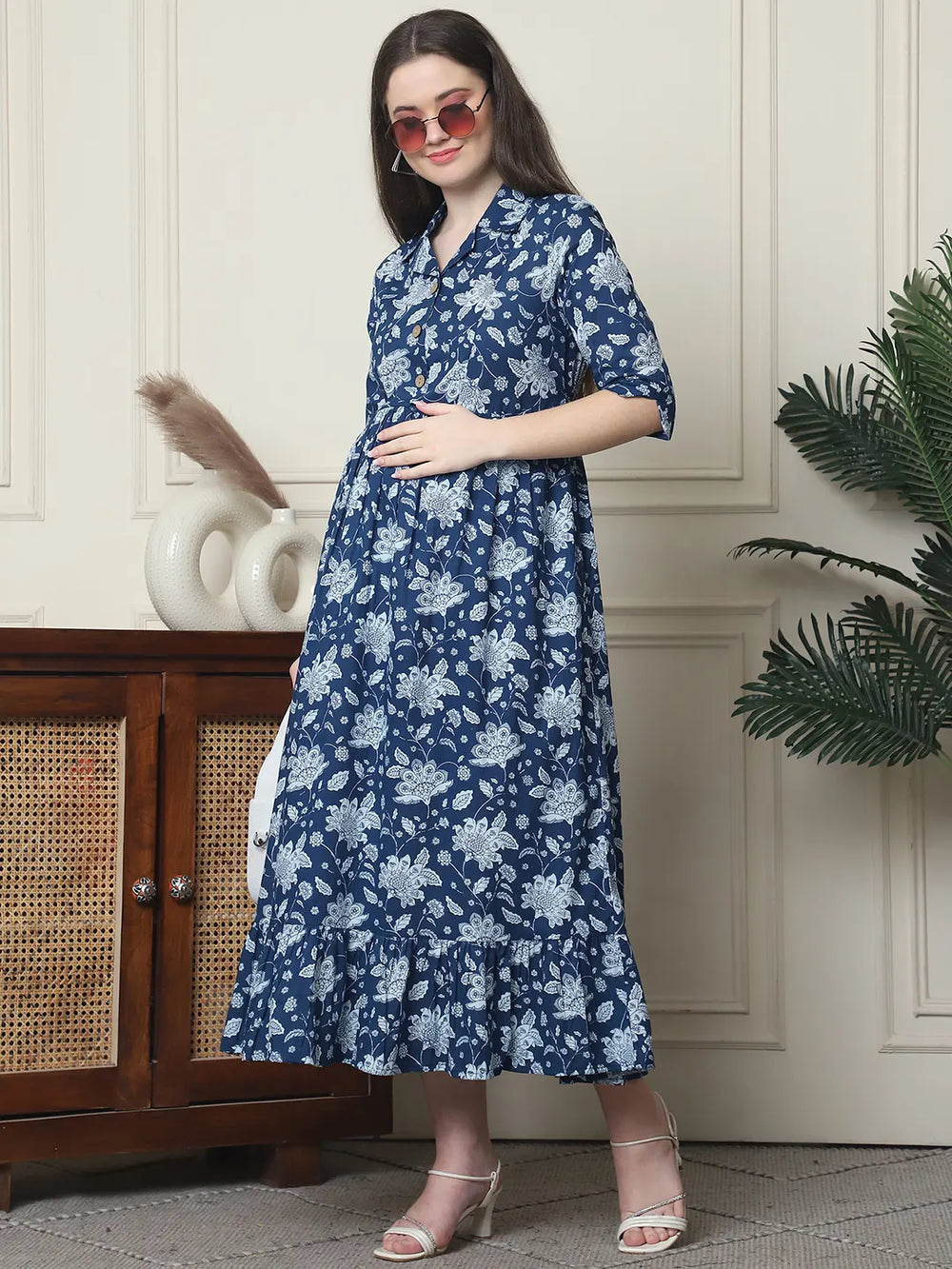 Frempy Women Fit and Flare Blue Floral Printed Maxi/Full Length Dress