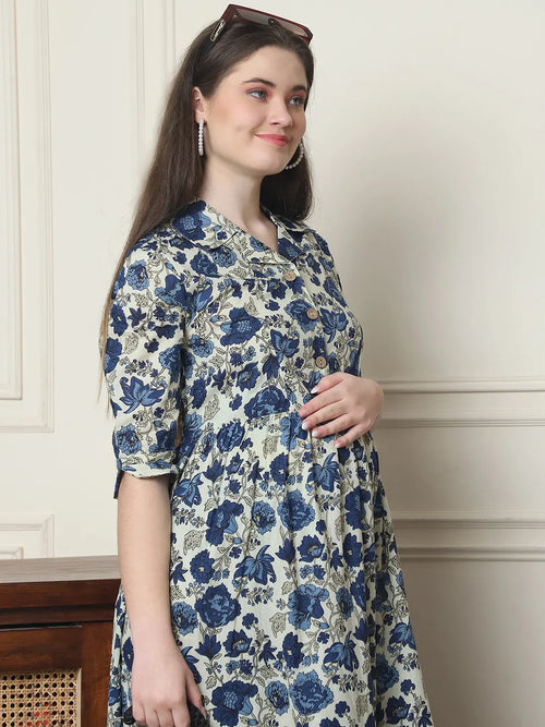 Frempy Women Fit and Flare Navy Blue Floral Printed Maxi/Full Length Dress