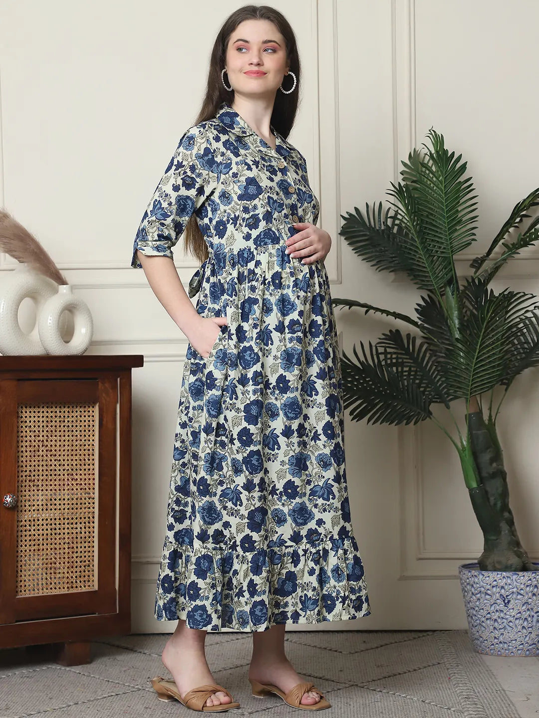 Frempy Women Fit and Flare Navy Blue Floral Printed Maxi/Full Length Dress