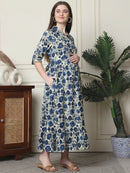 Frempy Women Fit and Flare Navy Blue Floral Printed Maxi/Full Length Dress