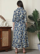 Frempy Women Fit and Flare Navy Blue Floral Printed Maxi/Full Length Dress