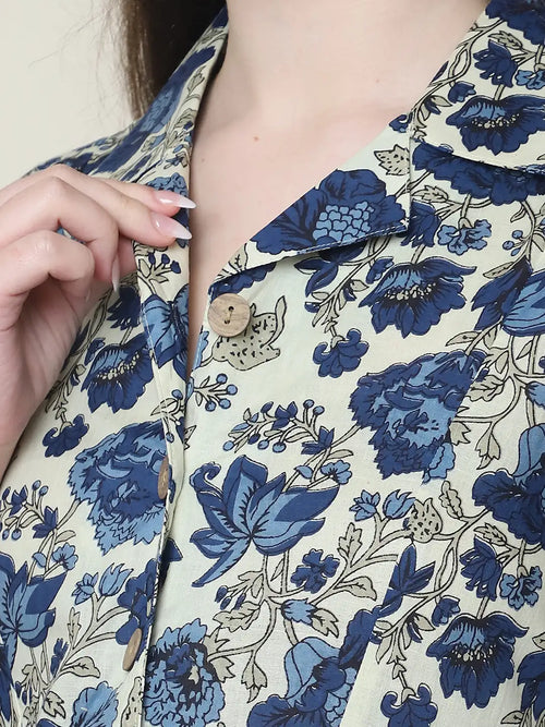 Frempy Women Fit and Flare Navy Blue Floral Printed Maxi/Full Length Dress