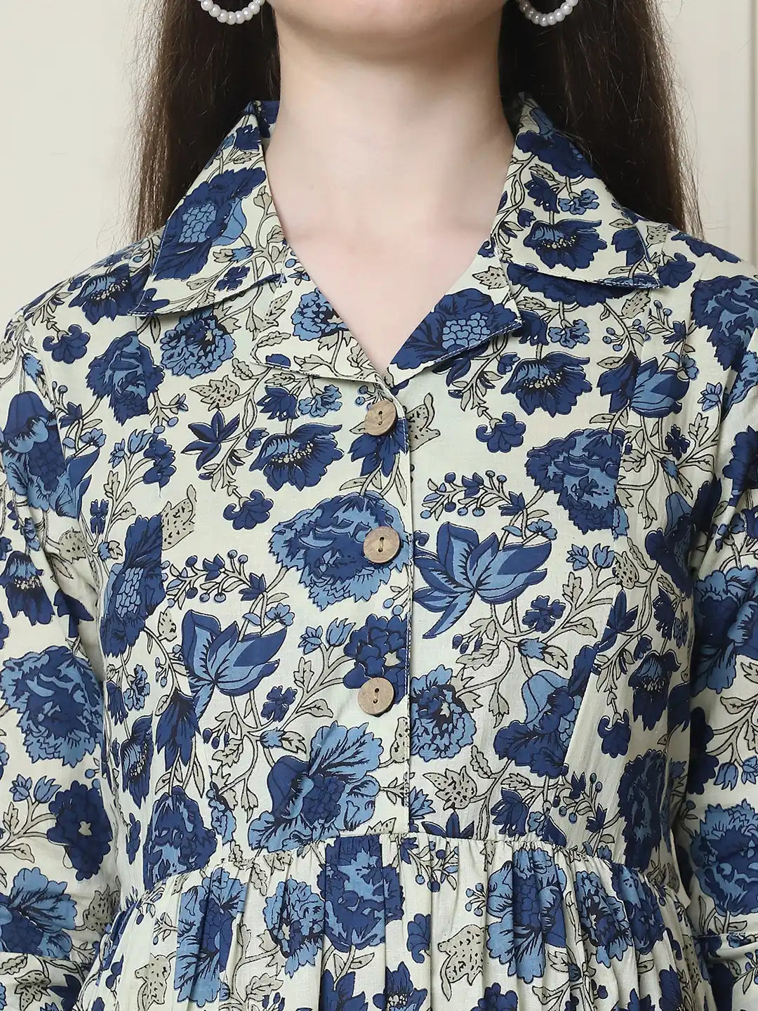 Frempy Women Fit and Flare Navy Blue Floral Printed Maxi/Full Length Dress