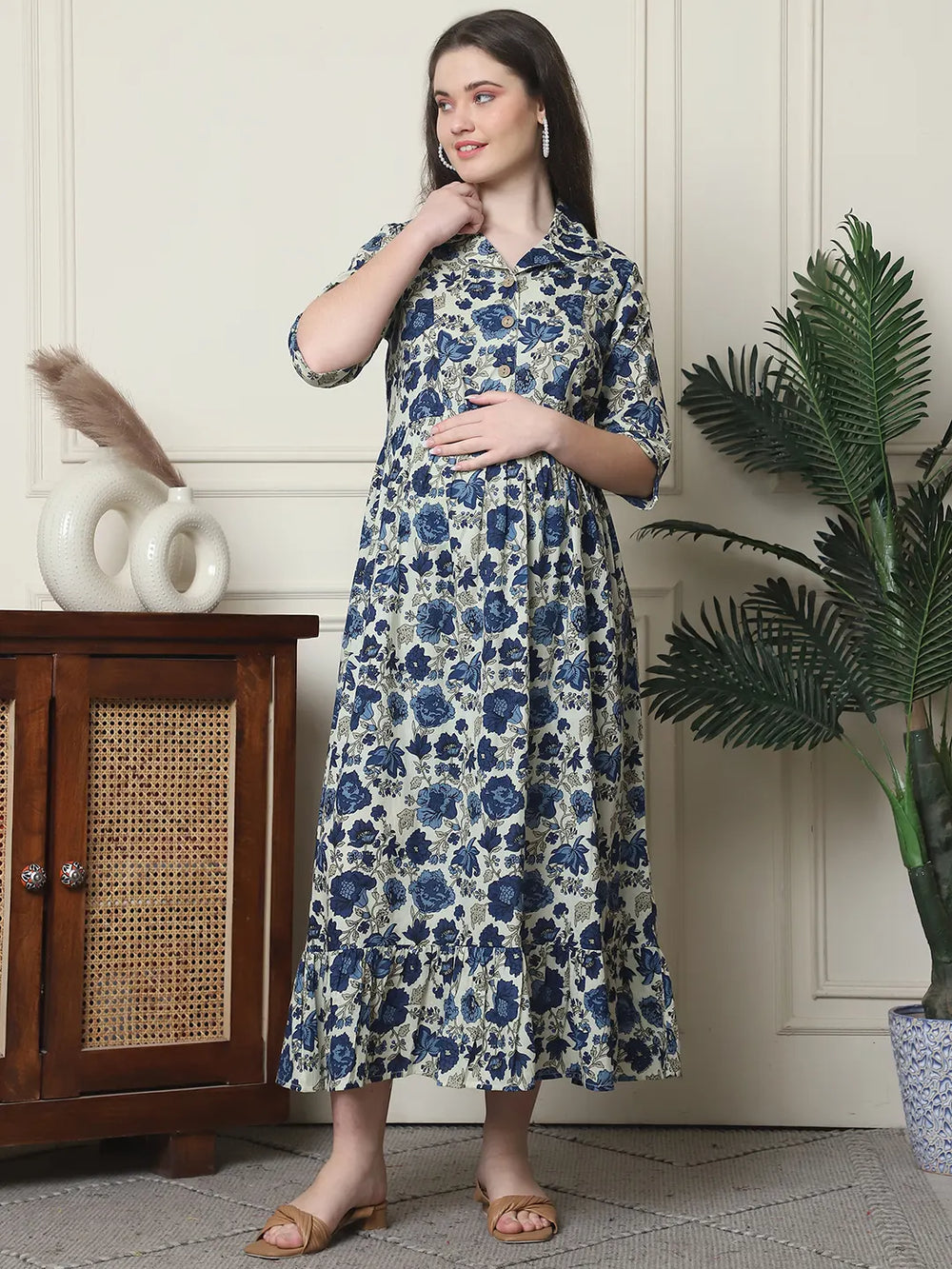 Frempy Women Fit and Flare Navy Blue Floral Printed Maxi/Full Length Dress