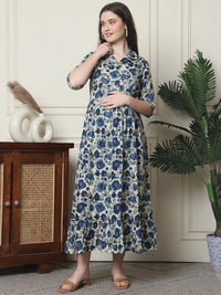 Frempy Women Fit and Flare Navy Blue Floral Printed Maxi/Full Length Dress