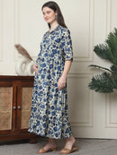 Frempy Women Fit and Flare Navy Blue Floral Printed Maxi/Full Length Dress