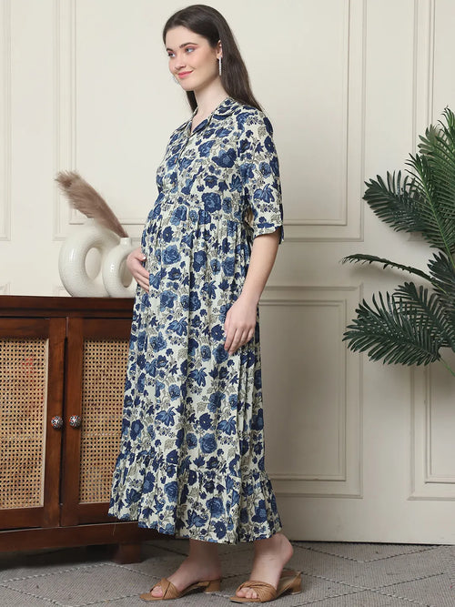 Frempy Women Fit and Flare Navy Blue Floral Printed Maxi/Full Length Dress