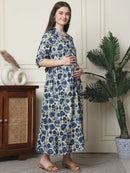 Frempy Women Fit and Flare Navy Blue Floral Printed Maxi/Full Length Dress