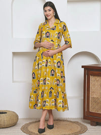 Frempy Women Fit and Flare Yellow Ethnic Printed Maxi/Full Length Dress