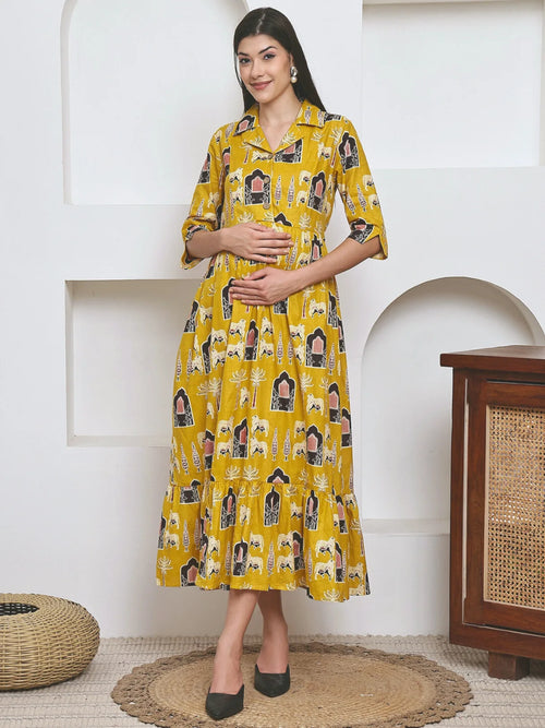 Frempy Women Fit and Flare Yellow Ethnic Printed Maxi/Full Length Dress