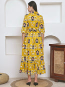 Frempy Women Fit and Flare Yellow Ethnic Printed Maxi/Full Length Dress