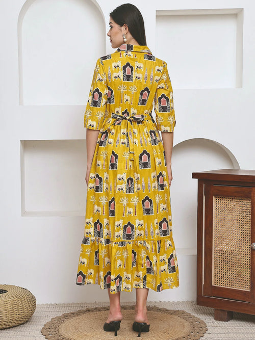 Frempy Women Fit and Flare Yellow Ethnic Printed Maxi/Full Length Dress