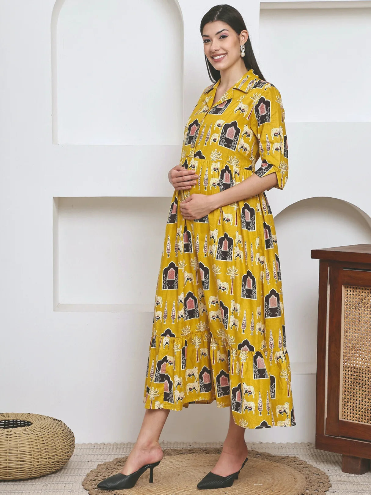 Frempy Women Fit and Flare Yellow Ethnic Printed Maxi/Full Length Dress