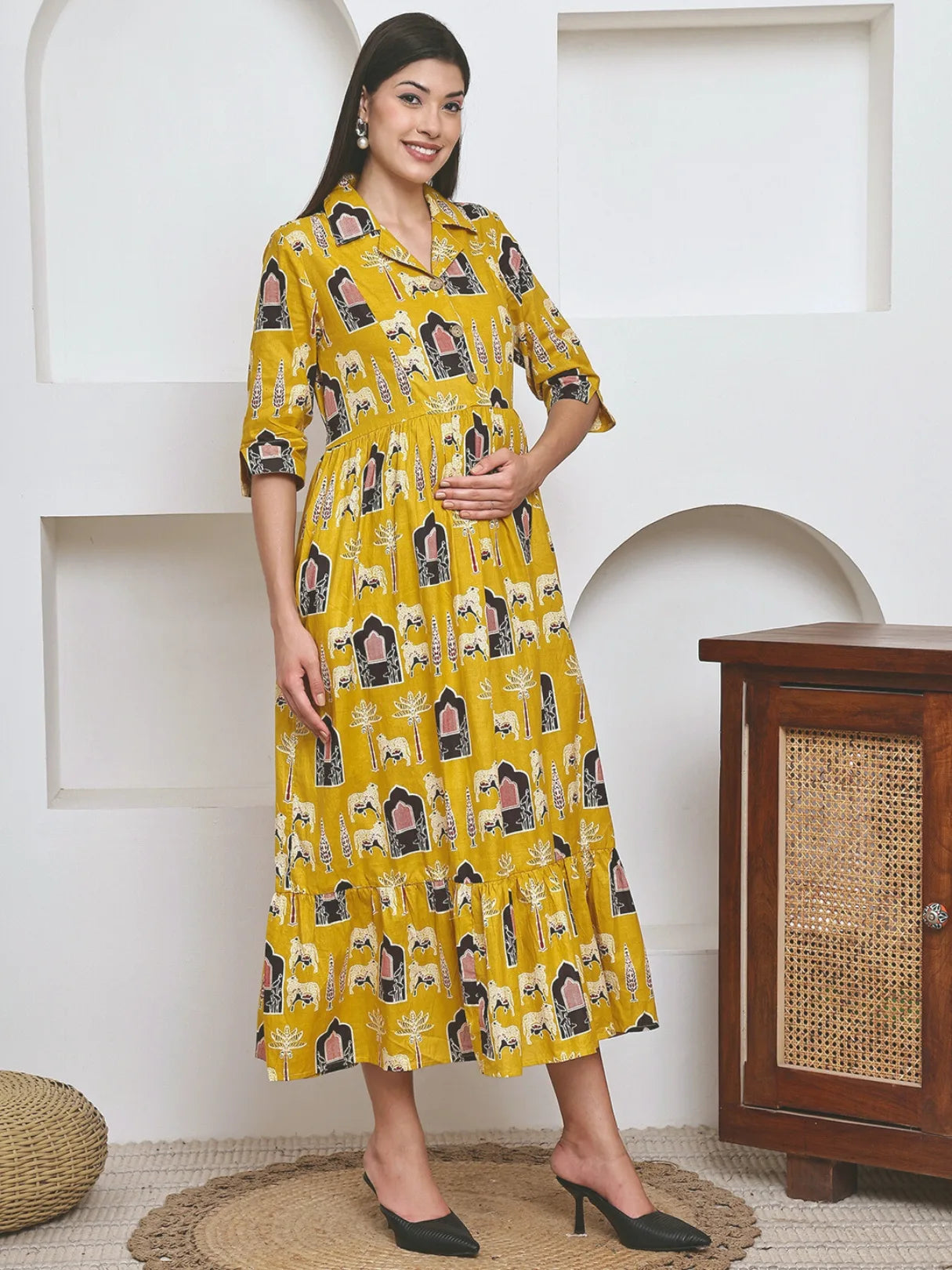 Frempy Women Fit and Flare Yellow Ethnic Printed Maxi/Full Length Dress