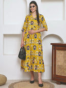 Frempy Women Fit and Flare Yellow Ethnic Printed Maxi/Full Length Dress
