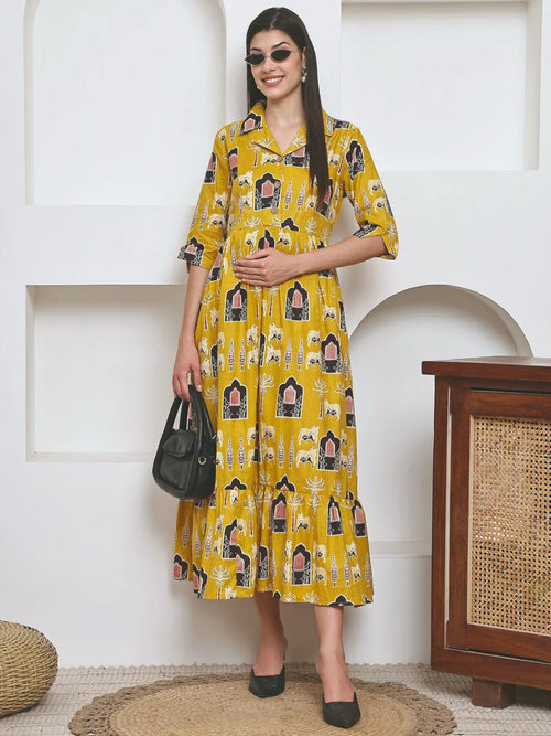 Frempy Women Fit and Flare Yellow Ethnic Printed Maxi/Full Length Dress