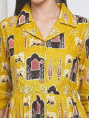 Frempy Women Fit and Flare Yellow Ethnic Printed Maxi/Full Length Dress