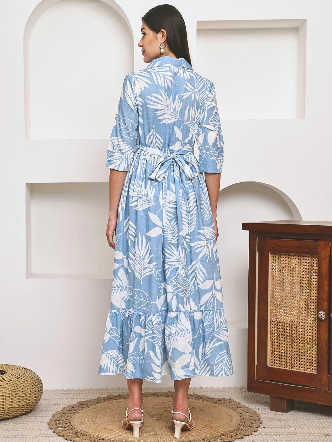 Frempy Women Fit and Flare Blue Floral Printed Maxi/Full Length Dress