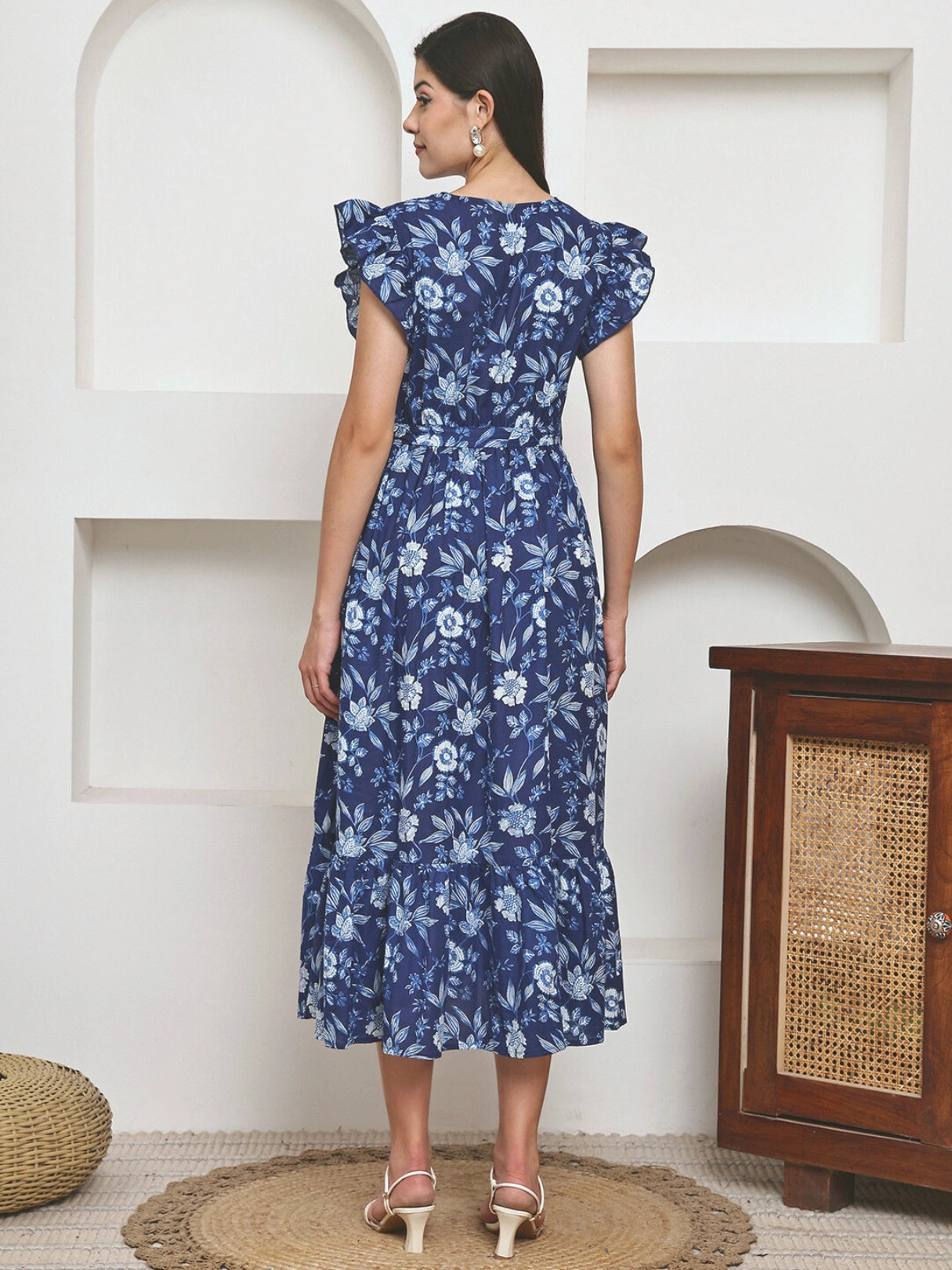 Frempy Women Fit and Flare Blue Floral Printed Maxi/Full Length Dress