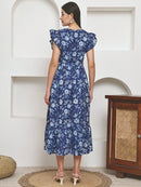 Frempy Women Fit and Flare Blue Floral Printed Maxi/Full Length Dress