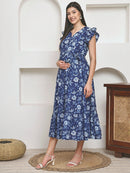 Frempy Women Fit and Flare Blue Floral Printed Maxi/Full Length Dress