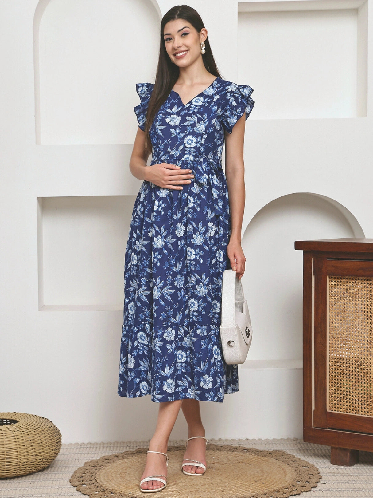 Frempy Women Fit and Flare Blue Floral Printed Maxi/Full Length Dress