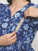 Frempy Women Fit and Flare Blue Floral Printed Maxi/Full Length Dress