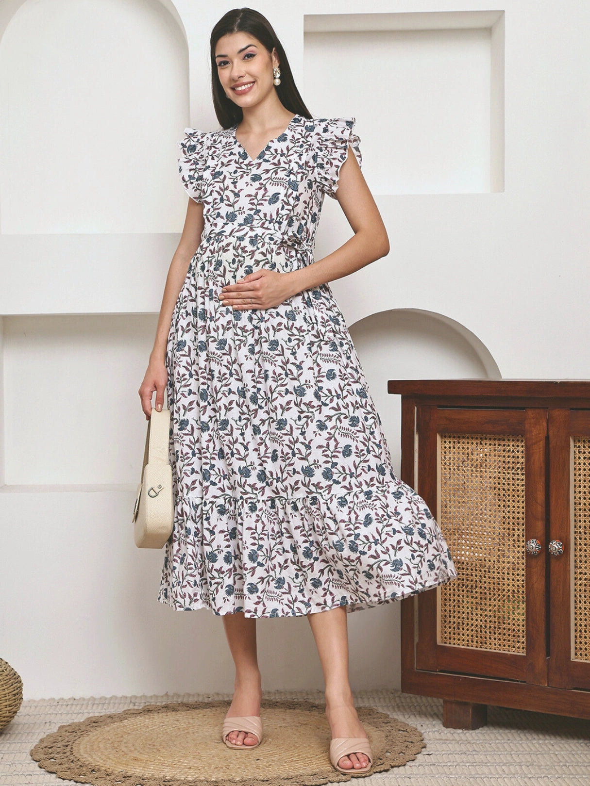 Frempy Women Fit and Flare Soft Blue Floral Printed Maxi/Full Length Dress