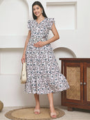 Frempy Women Fit and Flare Soft Blue Floral Printed Maxi/Full Length Dress