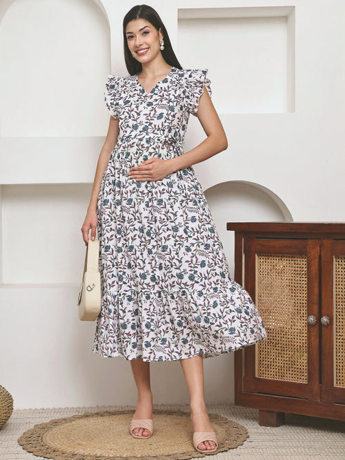 Frempy Women Fit and Flare Soft Blue Floral Printed Maxi/Full Length Dress