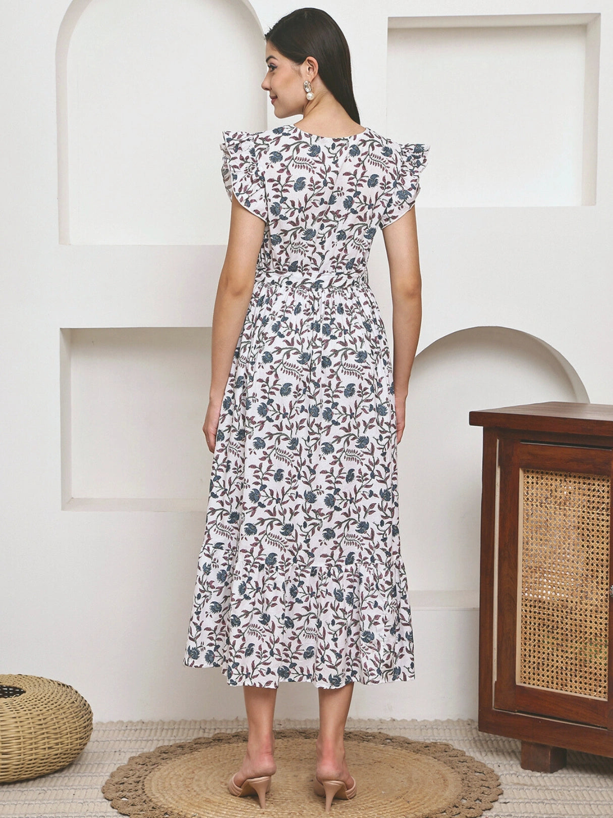 Frempy Women Fit and Flare Soft Blue Floral Printed Maxi/Full Length Dress