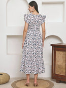Frempy Women Fit and Flare Soft Blue Floral Printed Maxi/Full Length Dress