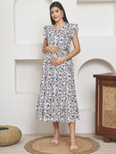 Frempy Women Fit and Flare Soft Blue Floral Printed Maxi/Full Length Dress