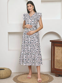 Frempy Women Fit and Flare Soft Blue Floral Printed Maxi/Full Length Dress