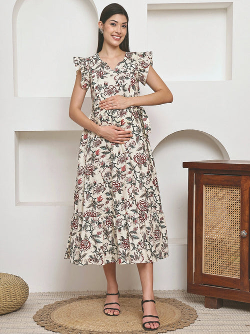 Frempy Women Fit and Flare Multi Floral Printed Maxi/Full Length Dress