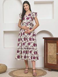 Frempy Women Fit and Flare Imperial Purple Floral Printed Maxi/Full Length Dress