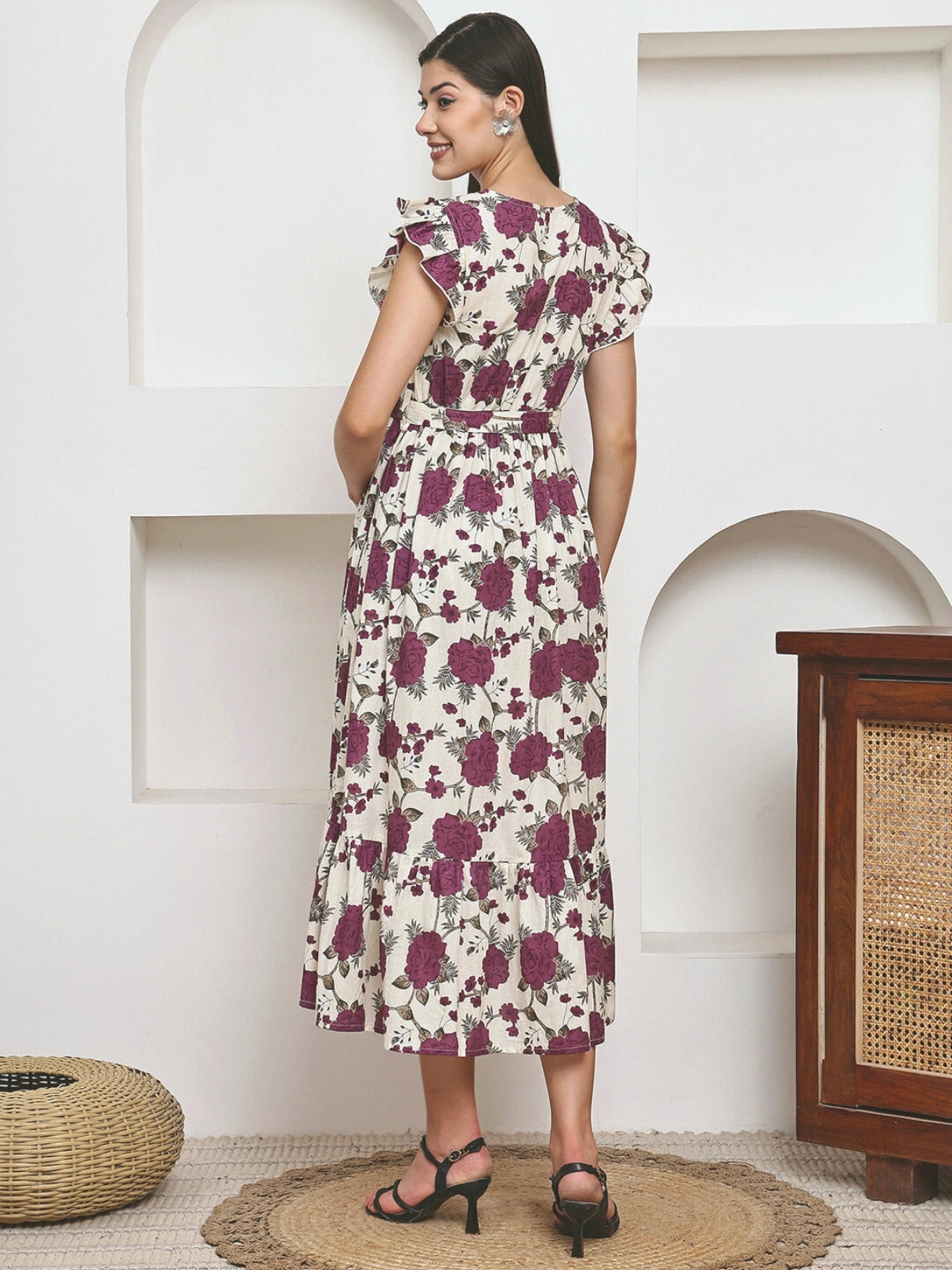Frempy Women Fit and Flare Imperial Purple Floral Printed Maxi/Full Length Dress