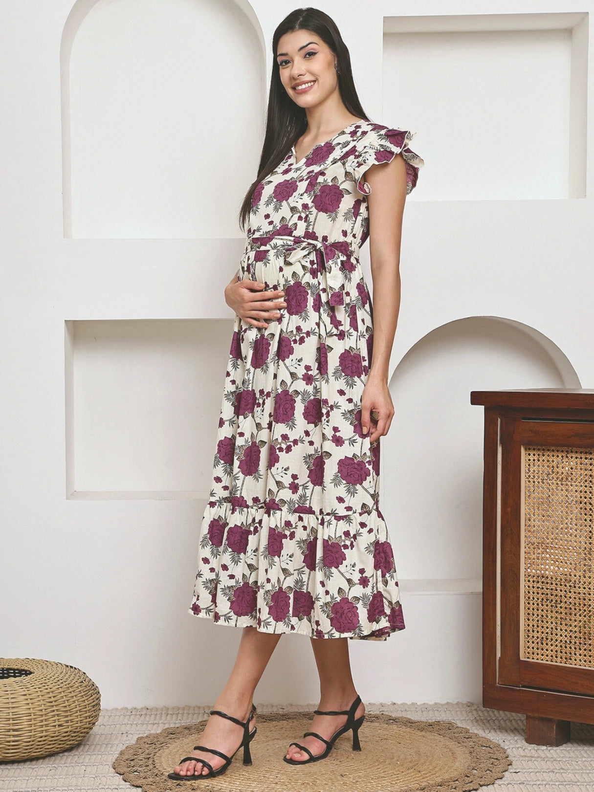 Frempy Women Fit and Flare Imperial Purple Floral Printed Maxi/Full Length Dress