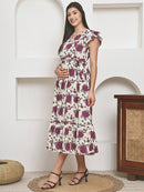Frempy Women Fit and Flare Imperial Purple Floral Printed Maxi/Full Length Dress