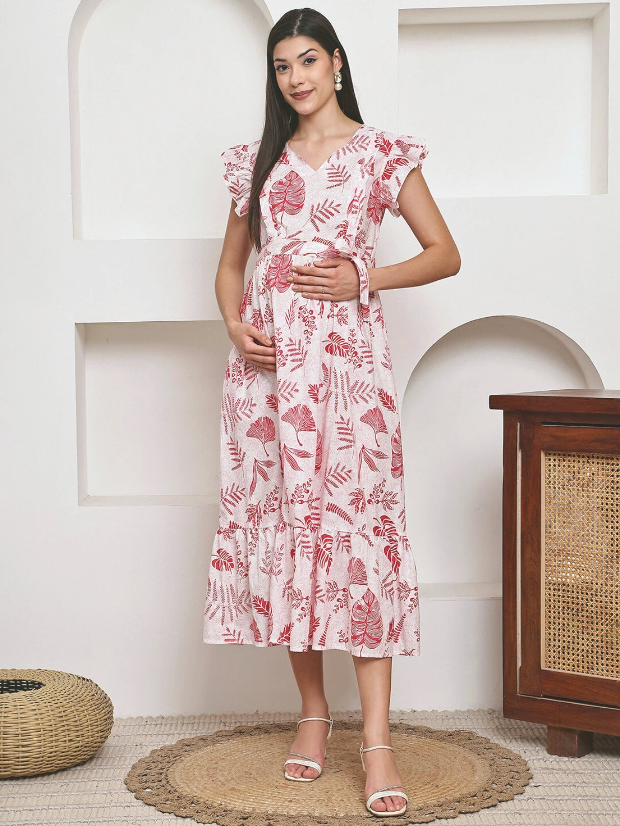 Frempy Women Fit and Flare Red Floral Printed Maxi/Full Length Dress
