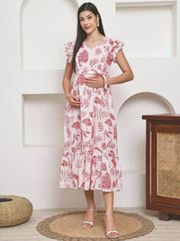 Frempy Women Fit and Flare Red Floral Printed Maxi/Full Length Dress