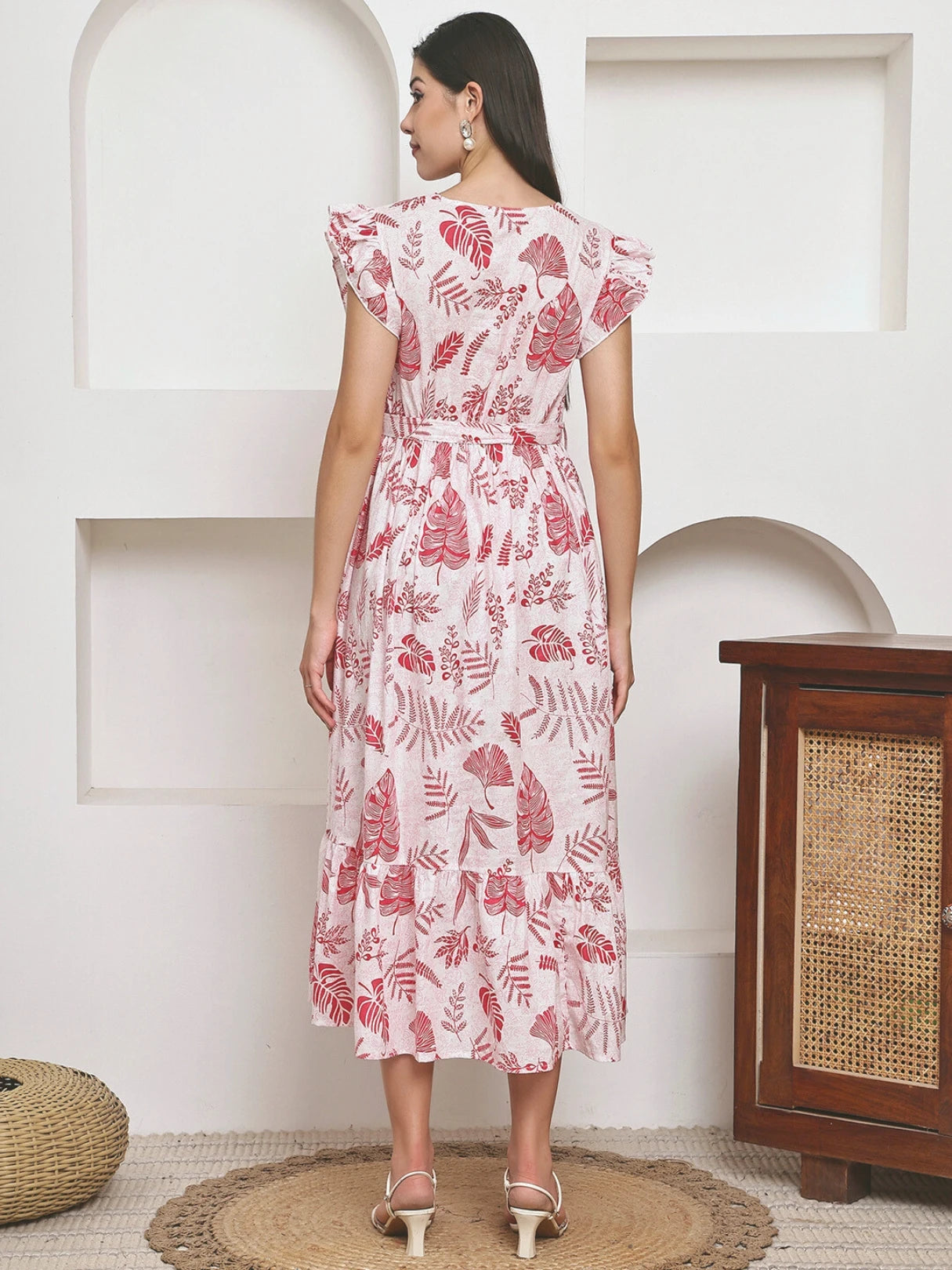 Frempy Women Fit and Flare Red Floral Printed Maxi/Full Length Dress