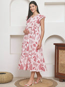 Frempy Women Fit and Flare Red Floral Printed Maxi/Full Length Dress