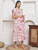 Frempy Women Fit and Flare Red Floral Printed Maxi/Full Length Dress