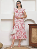 Frempy Women Fit and Flare Red Floral Printed Maxi/Full Length Dress